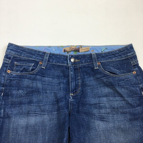 PAIGE Logo Hardware Medium Wash JIMMY JIMMY Raw Edge Hem Cut Offs Denim Shorts - Picture 4 of 11